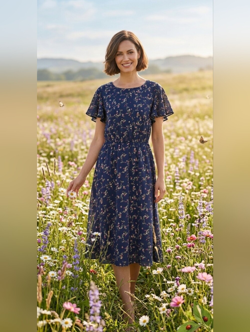 Gardenwed VTG Feminine Navy Floral Short Flutter Sleeve Chiffon Midi Dress L XL